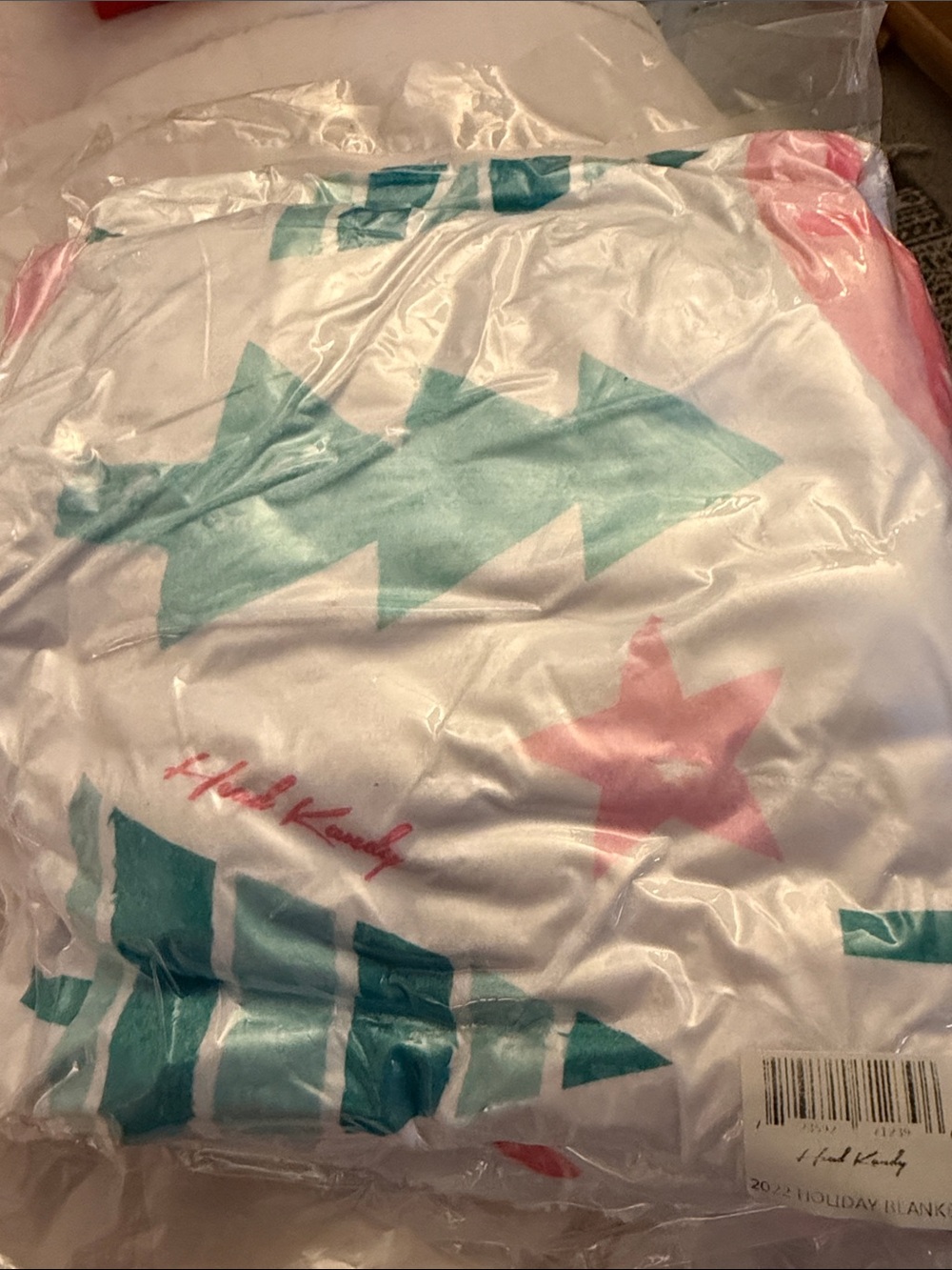 Ed Hardy White Holiday Blanket with Teal and Pink Stars